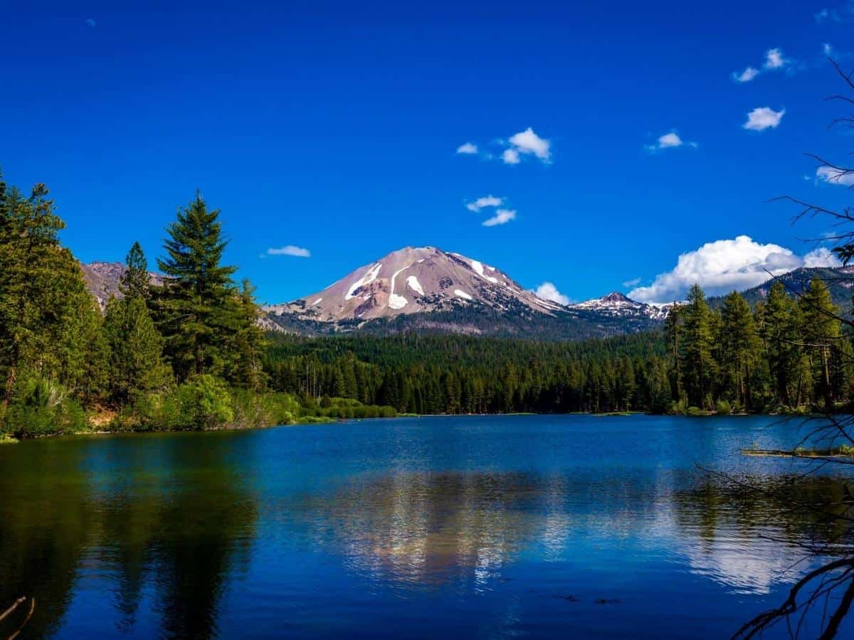 Lassen Peak reflected in Manzanita Lake Lassen Volcanic National Park California. - California Places, Travel, and News.