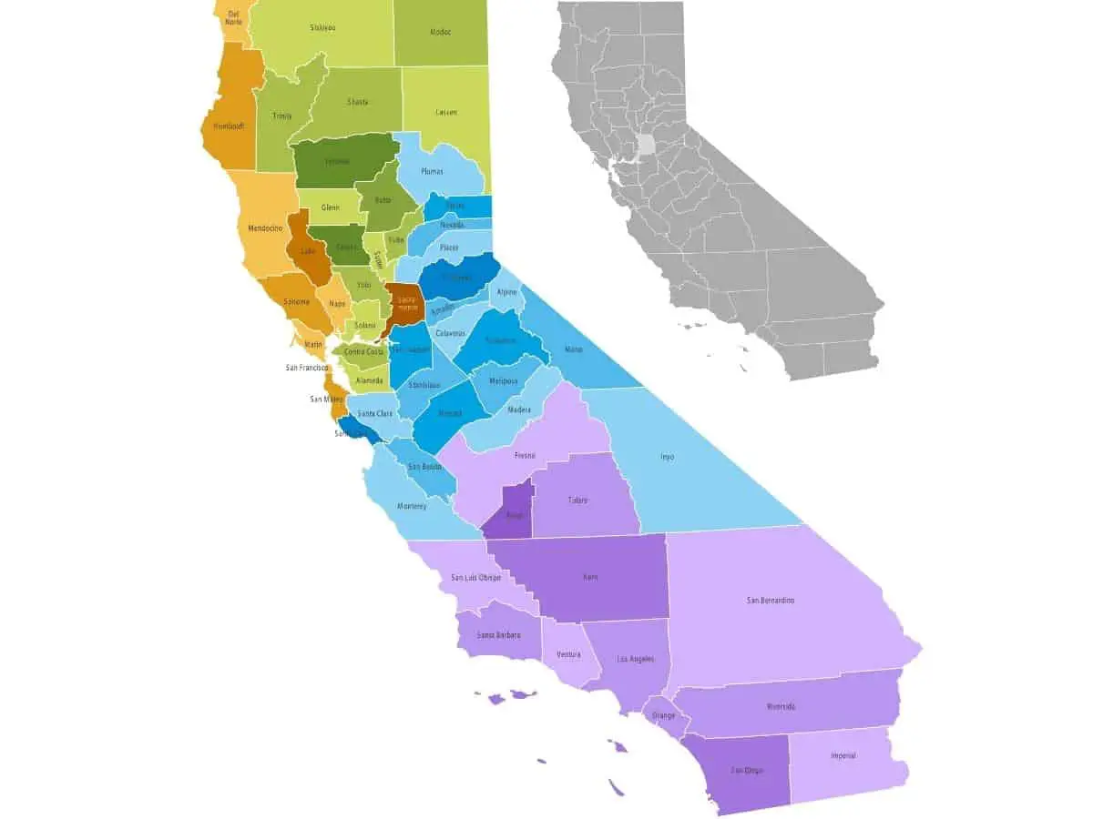 California Counties Colored Map - California View