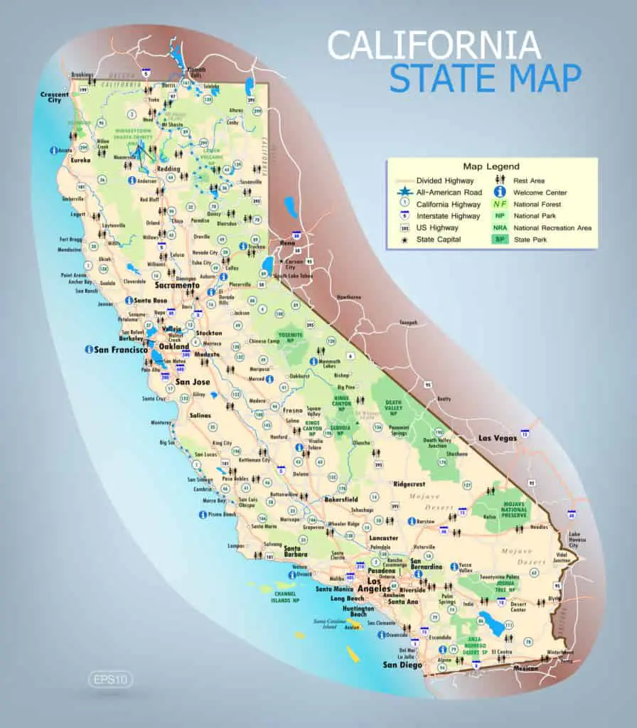 California Tourist Map Highways Roads Rest Areas Welcome Centers National Forests Parks Recreation and State Parks.