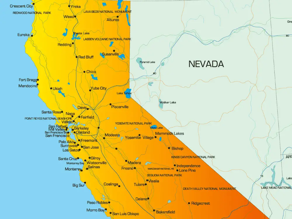 Map of California with Fort Bragg located in the northern section California View - California Places, Travel, and News.