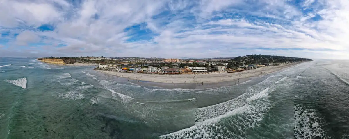 Aerial View Of Del Mar Coastline And Beach San Diego County California Usa. Pacific Ocean With Long Beach And Small Wave. Travel Destination. - California View