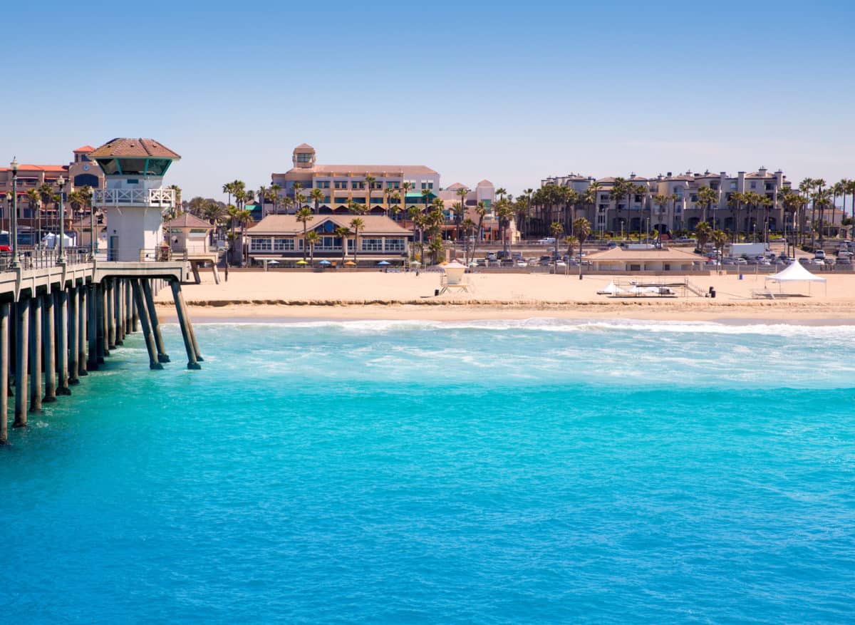 Huntington Beach Surf City Usa Pier View With Lifeguard Tower And City California. - California View