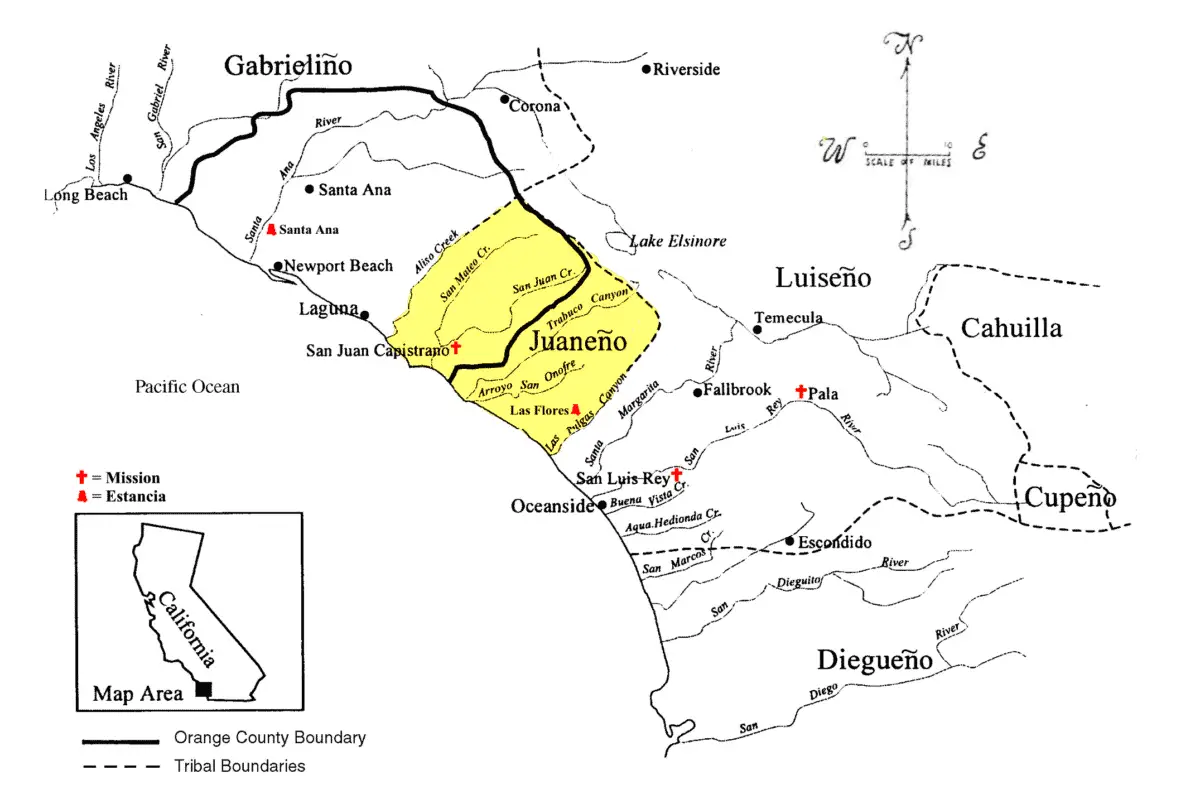 Map showing territory boundaries based on Native American linguistic groups in Southern California. - California Places, Travel, and News.