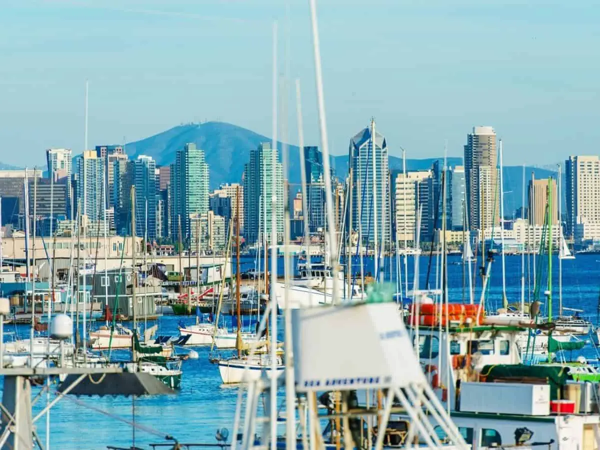 San Diego Bay. San Diego North Bay Marina and the City Skyline. California USA. - California Places, Travel, and News.