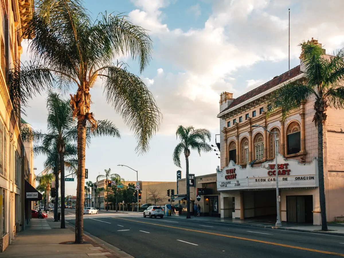 Buildings and palm trees on Main Street in downtown Santa Ana. - California Places, Travel, and News.