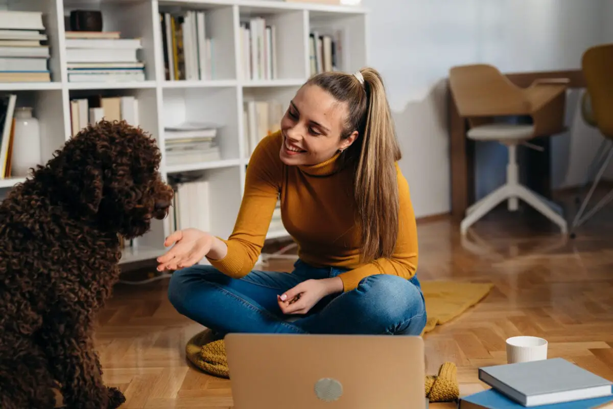 Young woman playing with her dog at home - California Places, Travel, and News.