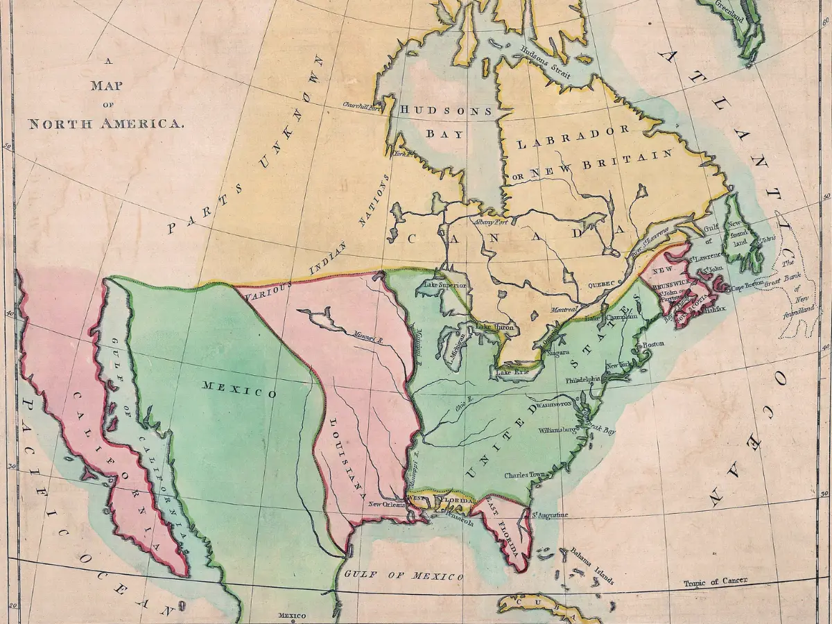 1803 map of North American showing the major divisions by European national possession - California Places, Travel, and News.