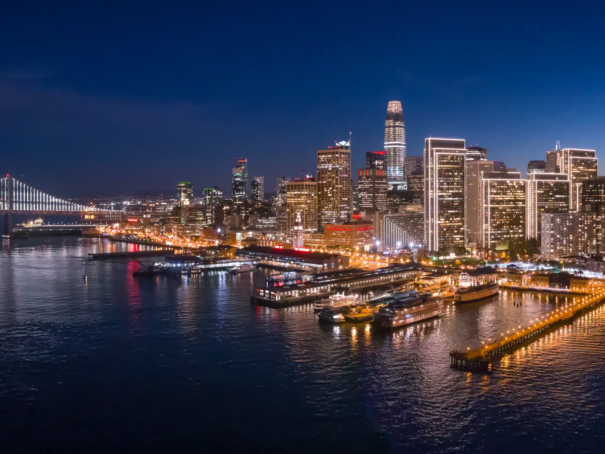 Aerial View of San Francisco Skyline with Holiday City Lights - California Places, Travel, and News.