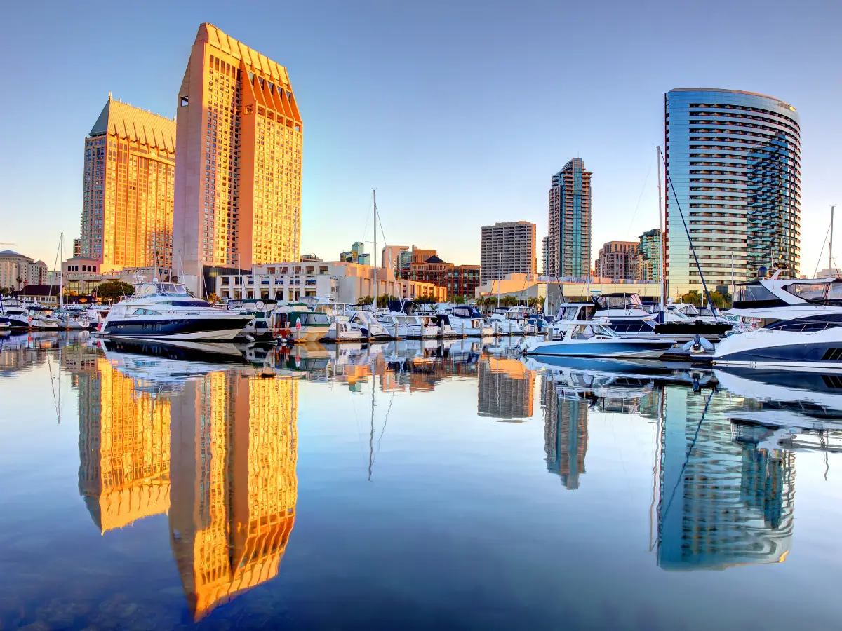 San Diego California reflected in the sea - California Places, Travel, and News.